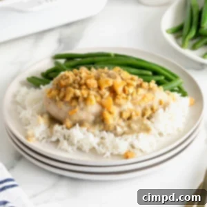 A white dinner plate with a serving of creamy chicken bake on top of a bed of rice.