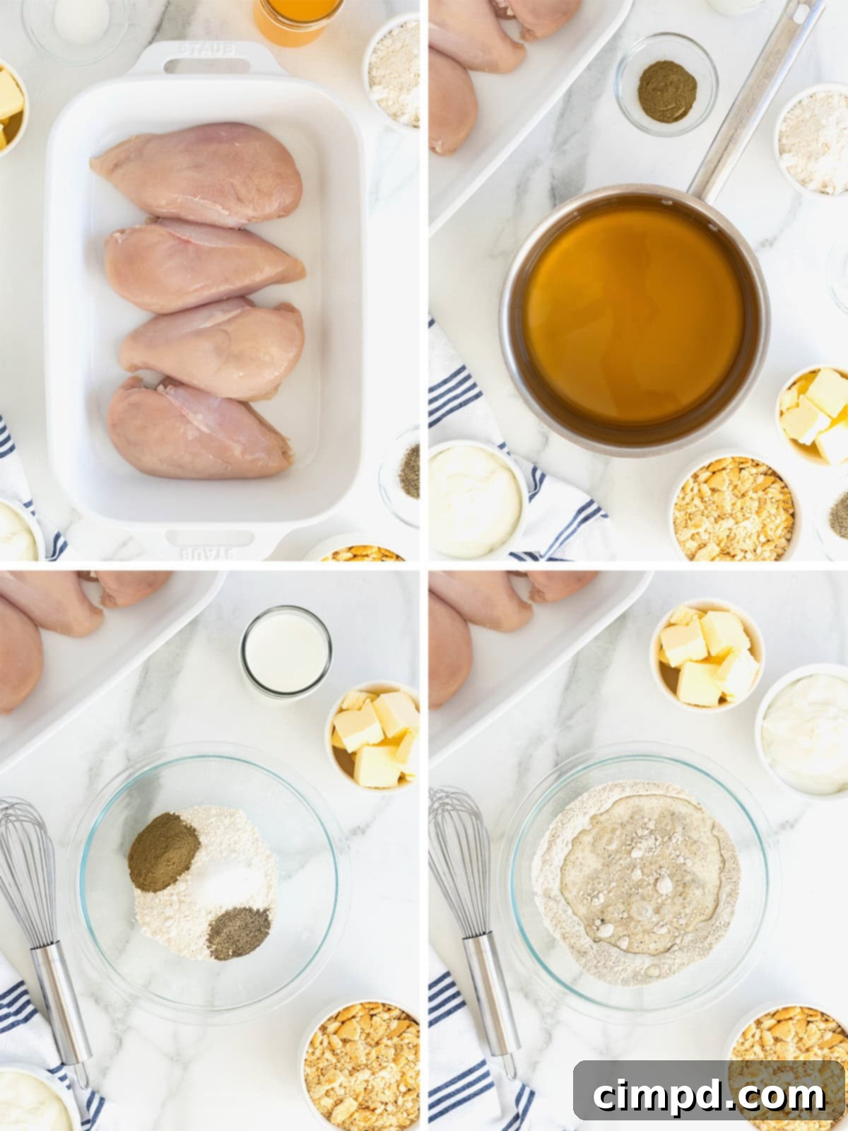 A composite image showing two stages of making creamy chicken bake: whisking flour and spices, and then whisking in milk to create a smooth mixture.