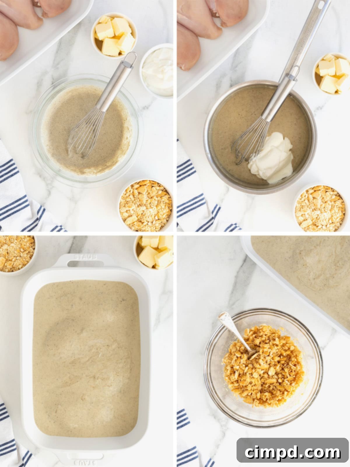 A composite image displaying the next two stages of preparing creamy chicken bake: stirring sour cream into the creamy sauce, and mixing crushed crackers with melted butter in a small bowl.