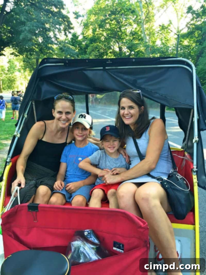 Pedicab ride through Central Park with city skyline