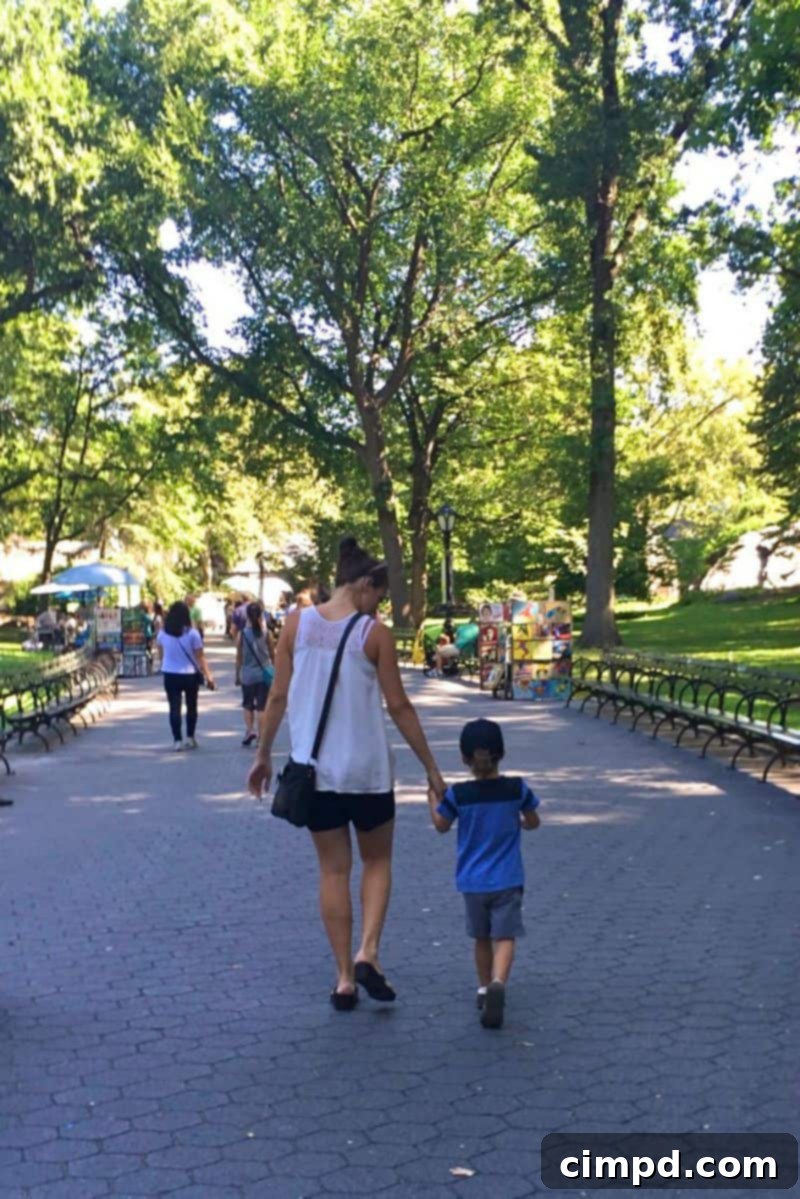 Smiling mother and son on a New York City street