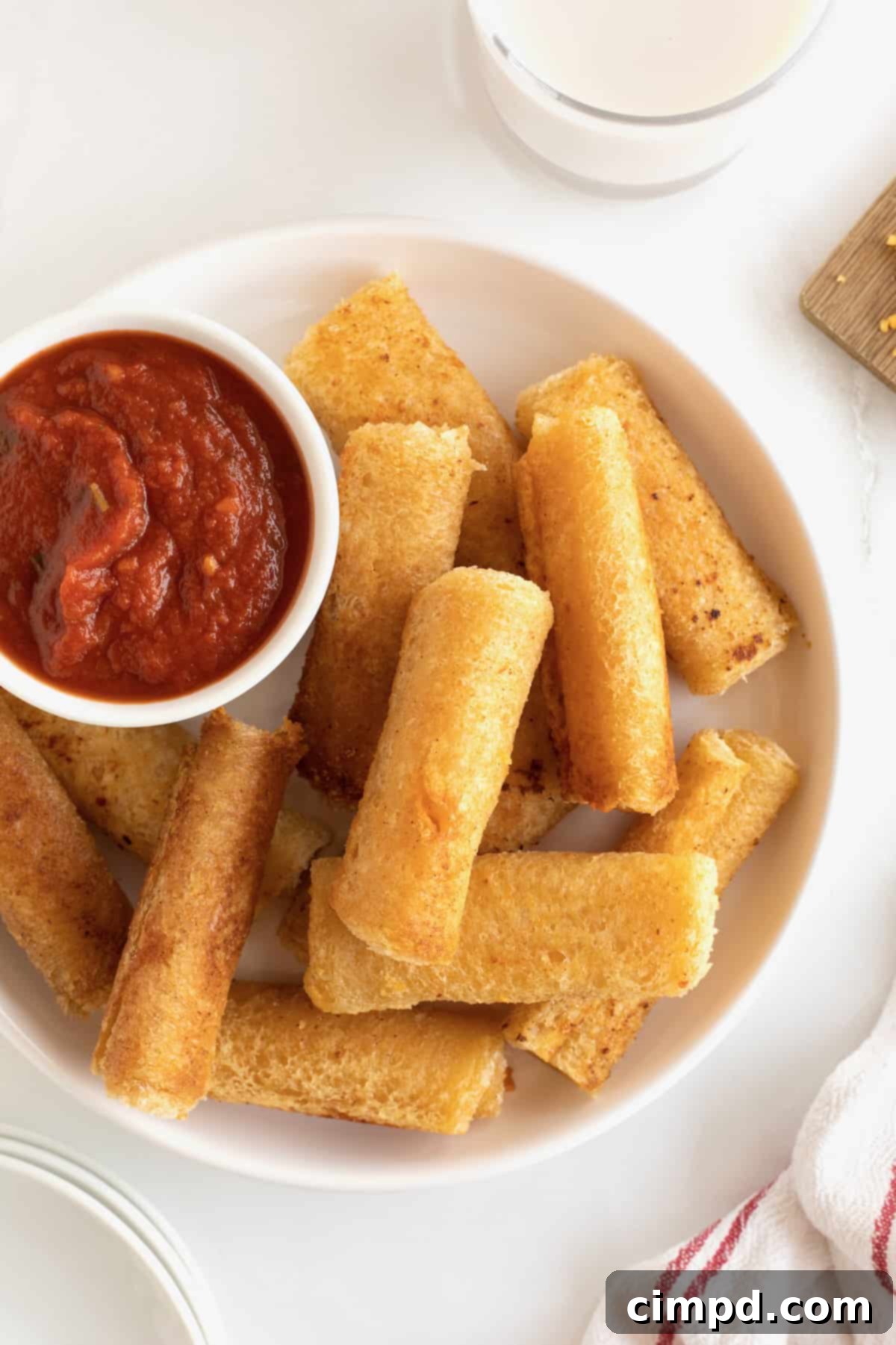 A large white serving plate piled high with golden-brown grilled cheese roll ups, accompanied by a small ramekin of vibrant marinara sauce, ready for dipping.
