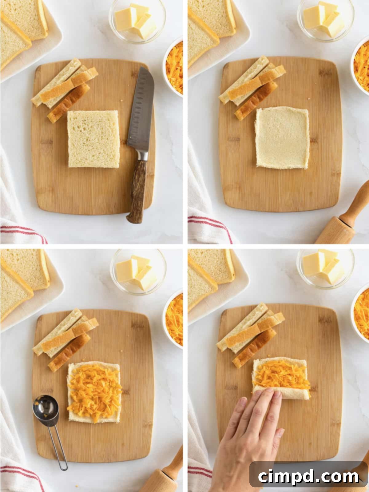 A visual step-by-step guide illustrating the process of making grilled cheese roll ups, from flattening the bread to adding cheese and rolling it.