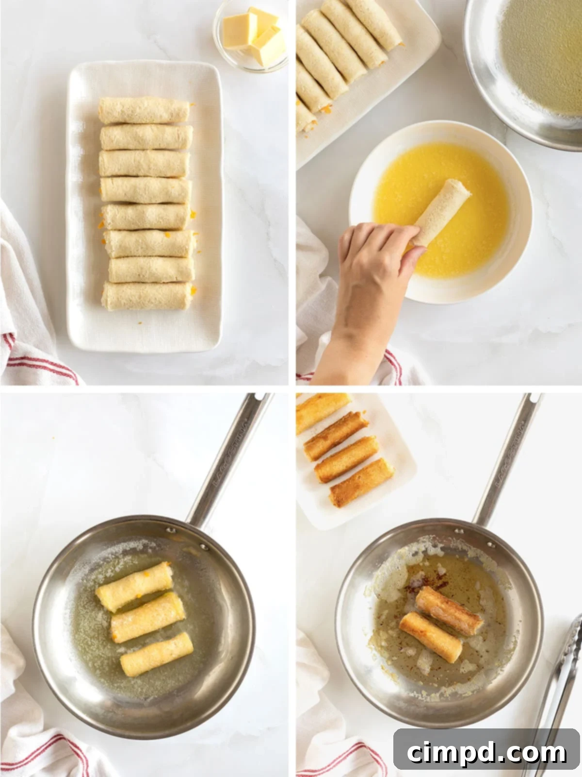 A clear visual demonstration of the cooking process for grilled cheese roll ups, showing them being pan-fried to a perfect golden crisp.