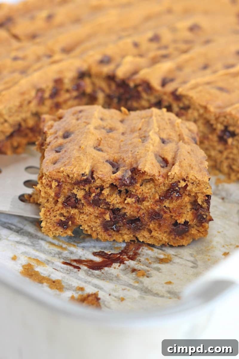 Simple 3-Ingredient Pumpkin Chocolate Chip Snack Cake 4 Four slices of Pumpkin Chocolate Chip Snack Cake on a wooden board, garnished with a sprinkle of powdered sugar.