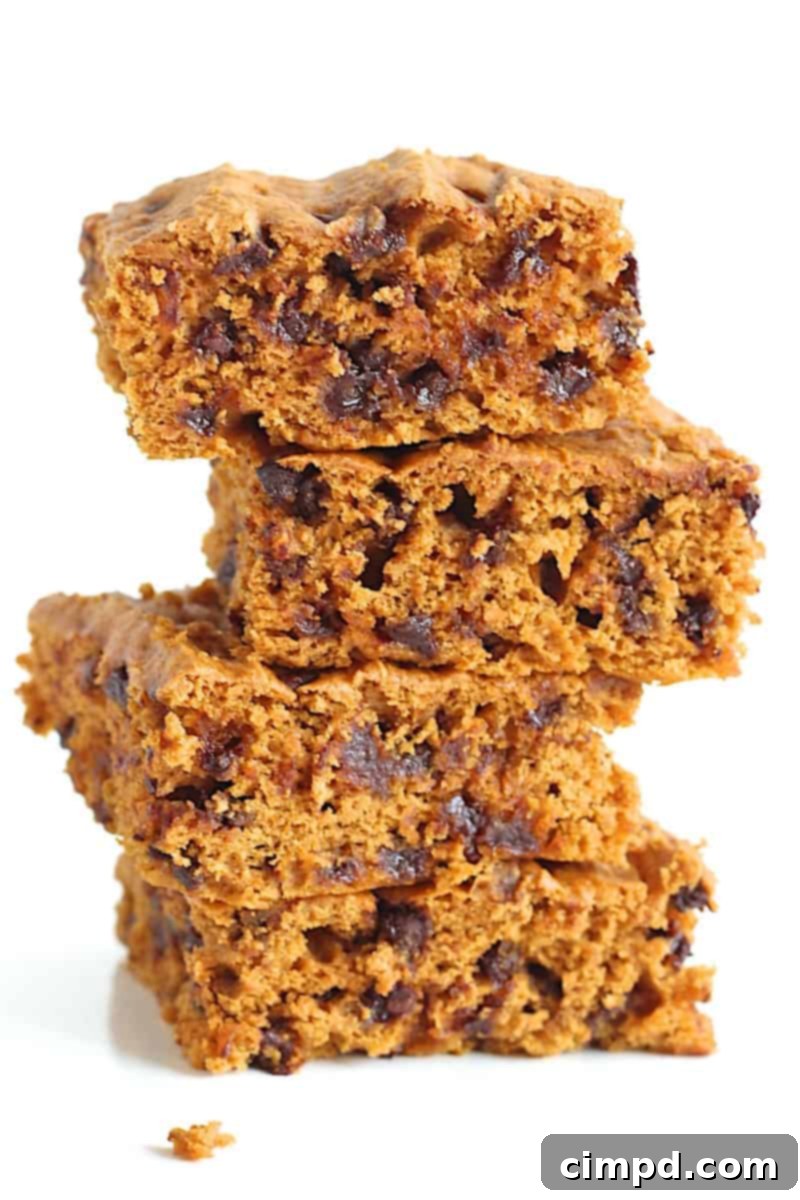 Simple 3-Ingredient Pumpkin Chocolate Chip Snack Cake 5 A freshly baked pumpkin chocolate chip snack cake in a baking dish, with a few slices already cut out.