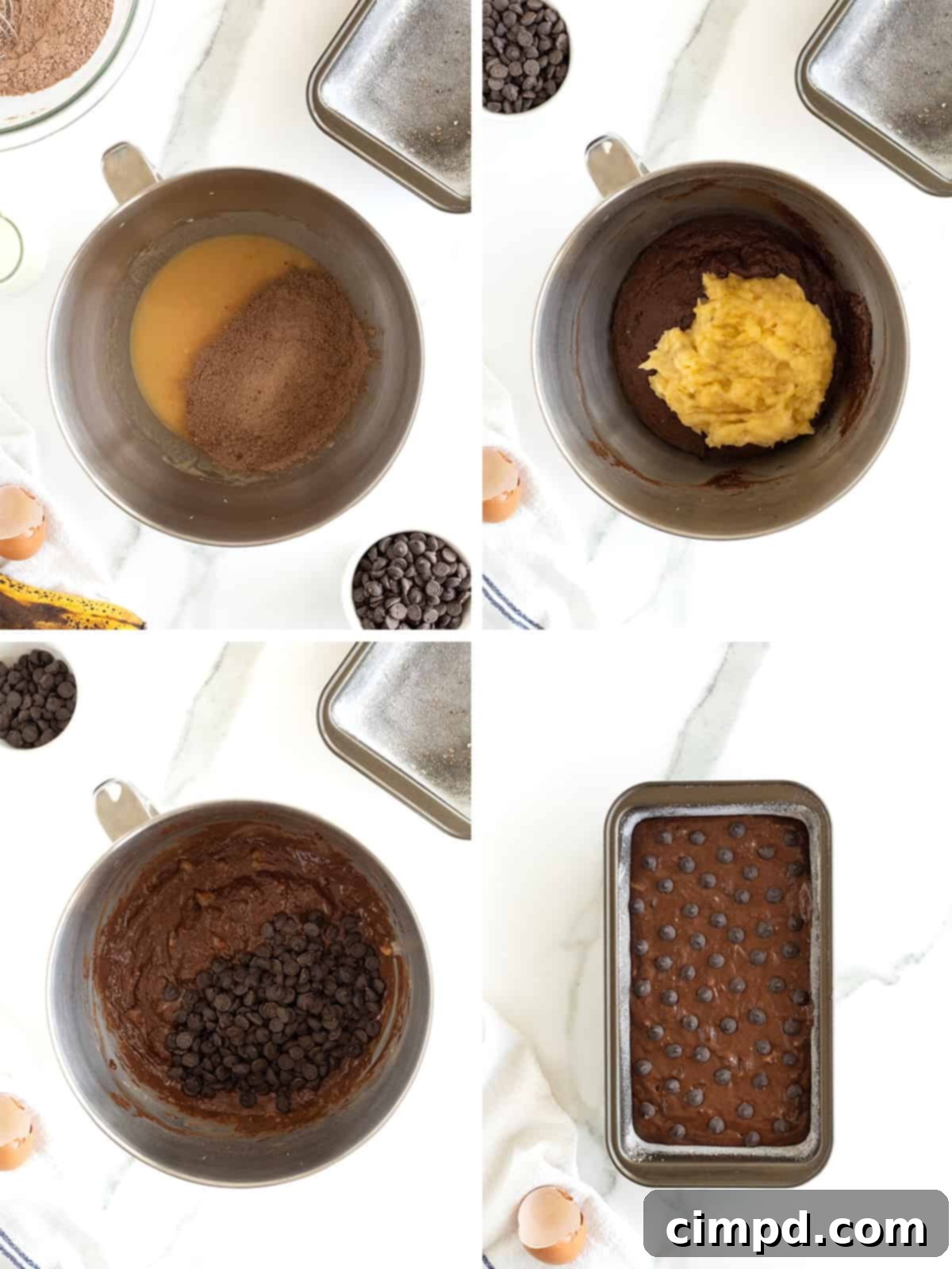 Guilt-Free Chocolate Banana Loaf 9 Additional steps for baking healthy chocolate banana bread, including folding in chocolate chips and pouring batter into the pan.