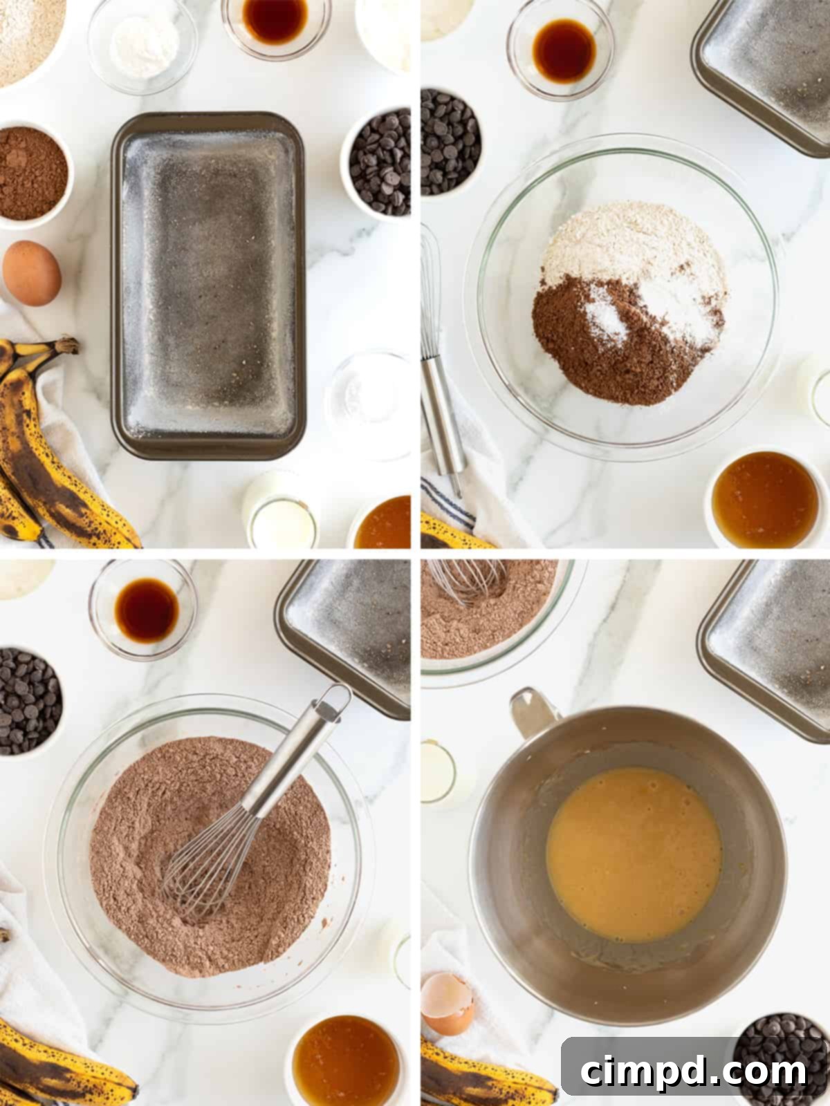Guilt-Free Chocolate Banana Loaf 8 Step-by-step image showing the process of mixing ingredients for healthy chocolate banana bread.