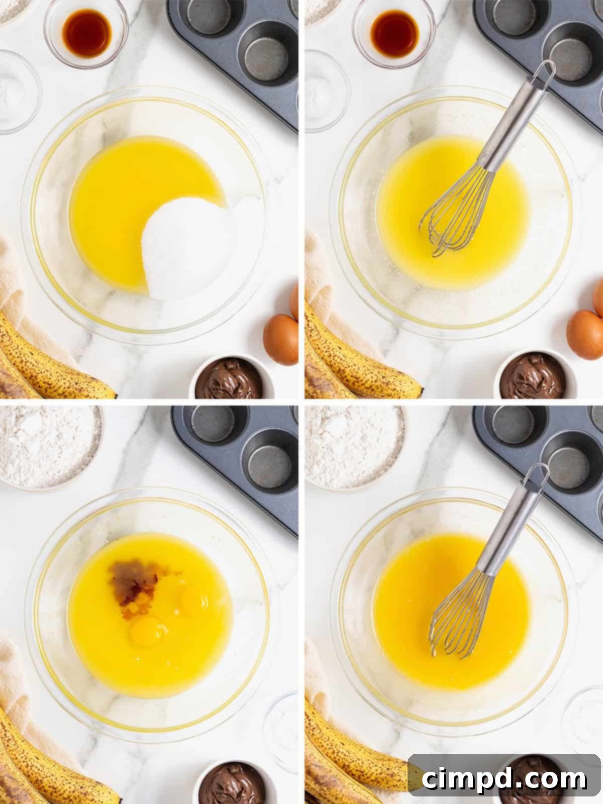 Steps to make Nutella swirled banana muffins.