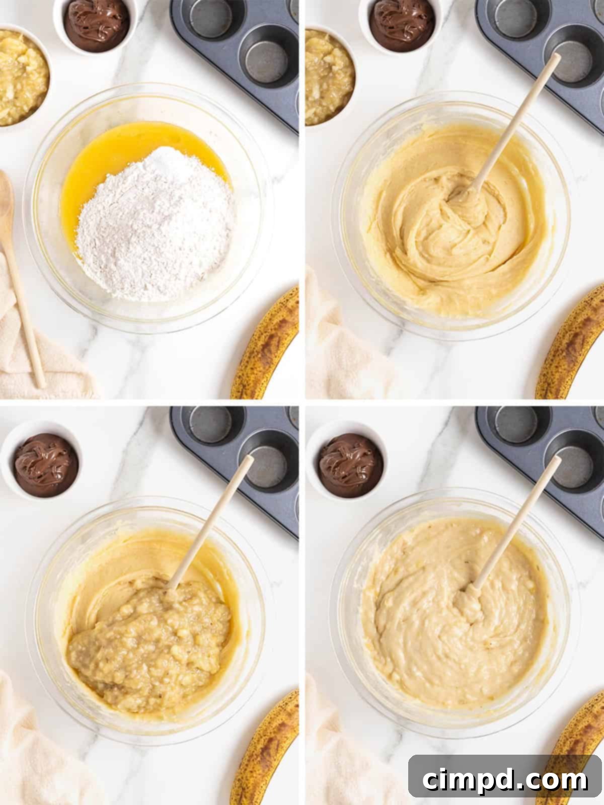 Steps to make Nutella Swirled Banana Muffins.