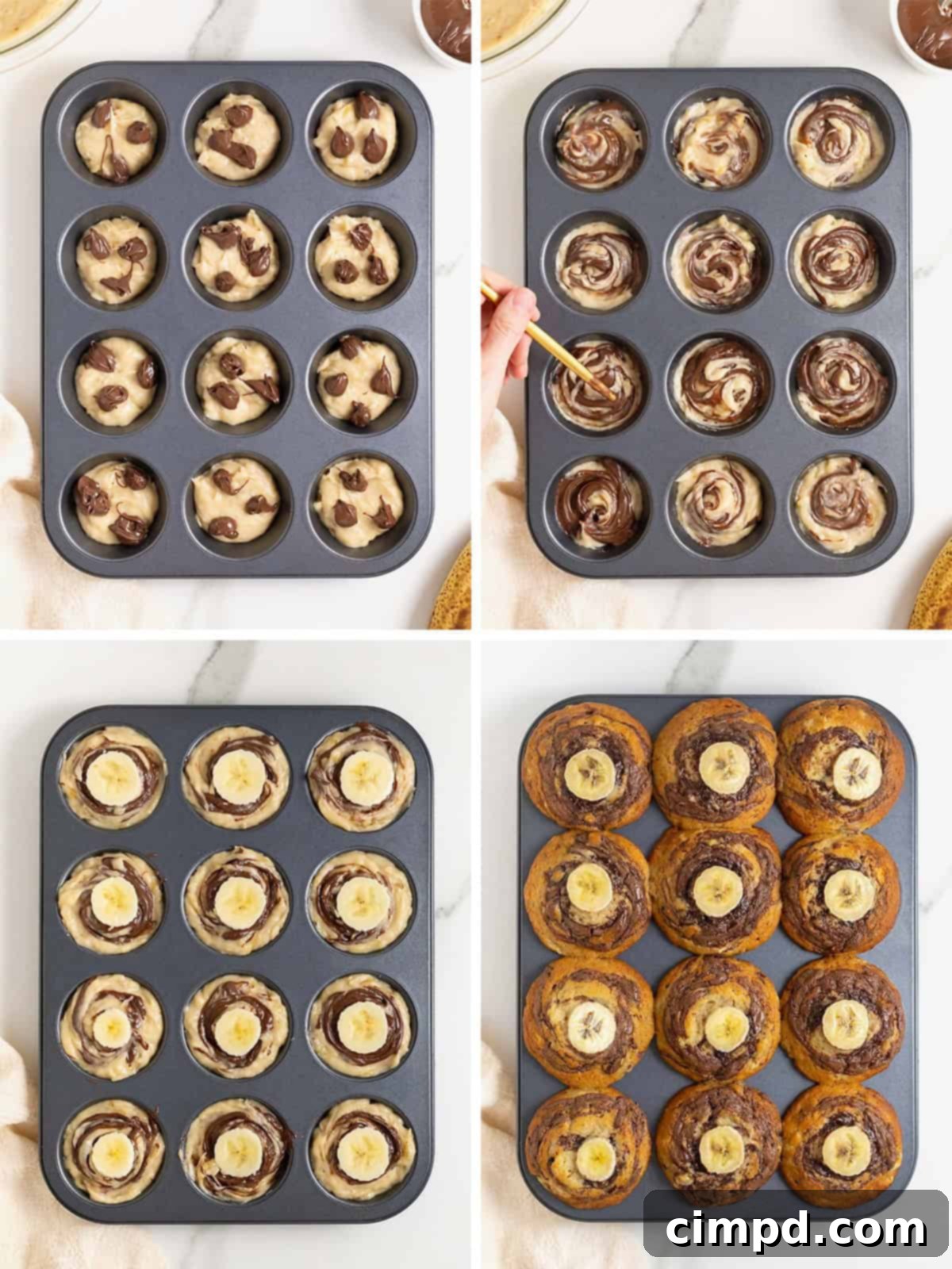 Steps to make nutella swirled banana muffins.