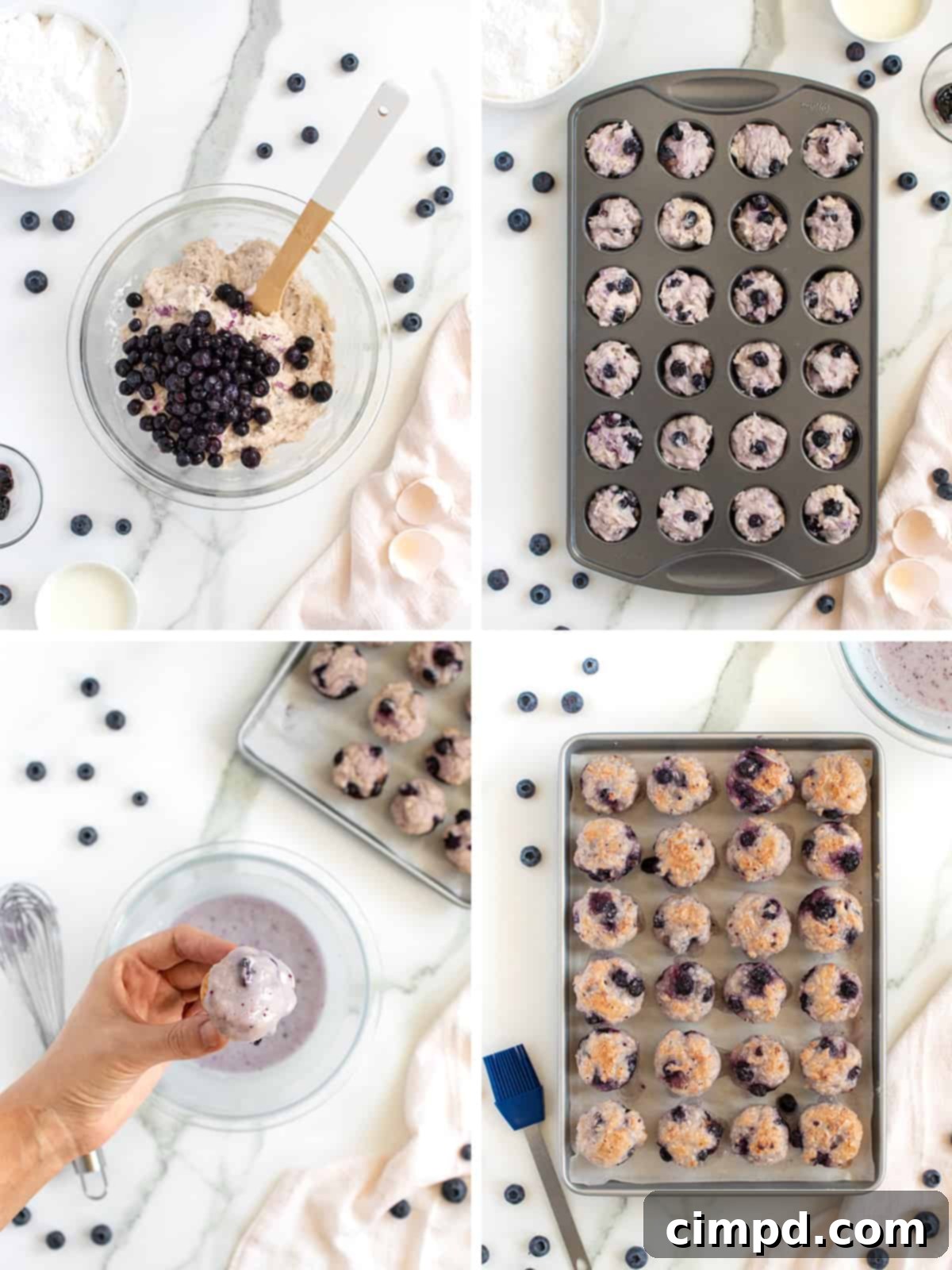 Oven-Baked Blueberry Fritter Poppers 6 Beautifully glazed Baked Blueberry Fritter Bites arranged on a serving plate.