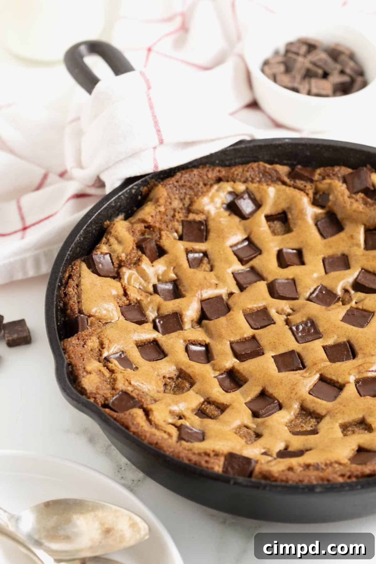 A chocolate chunk cookie in a large black cast iron skillet. 