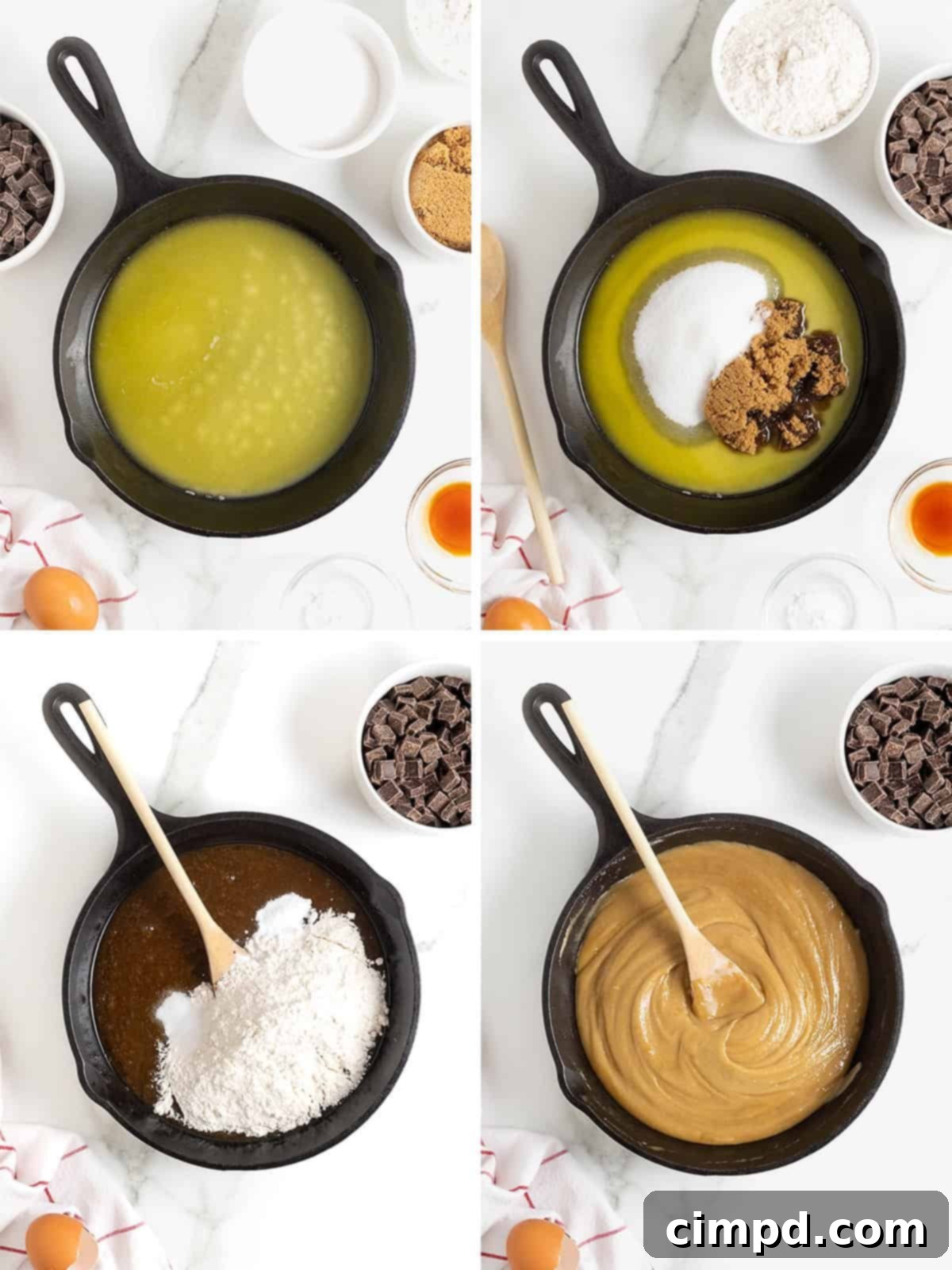 Steps to make a chocolate chunk skillet cookie.