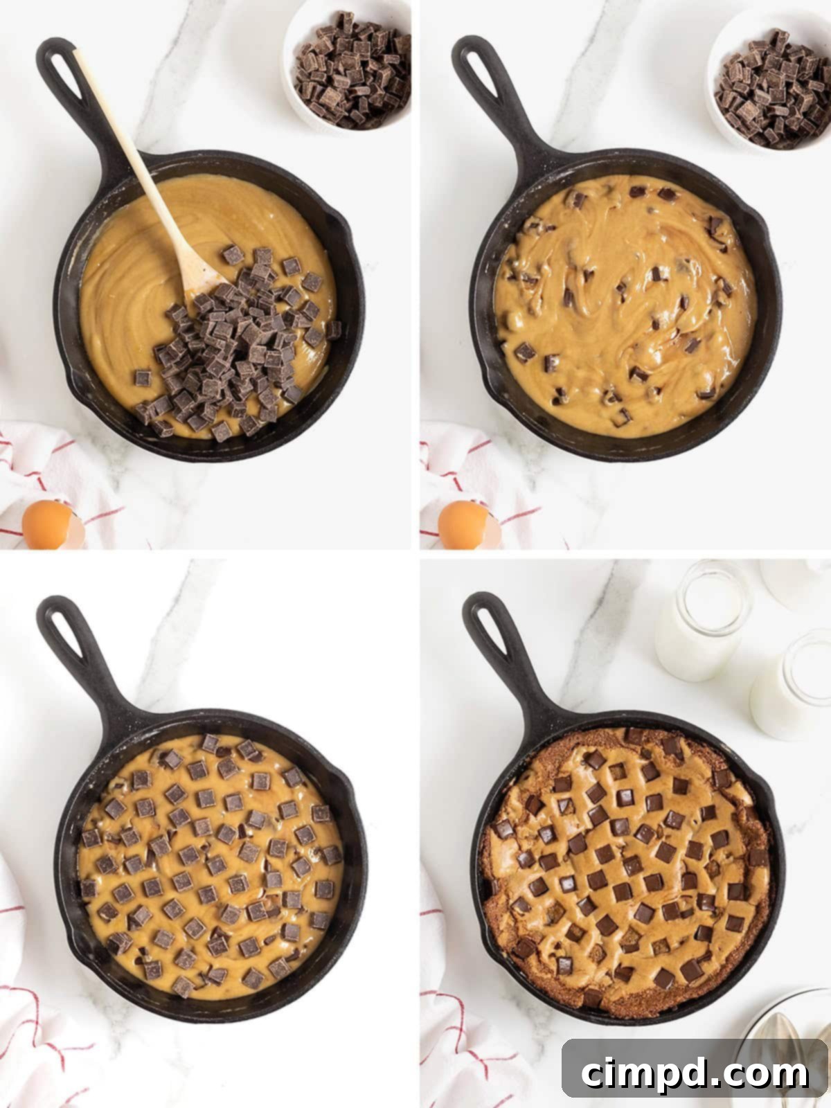 Steps to make a chocolate chunk skillet cookie.