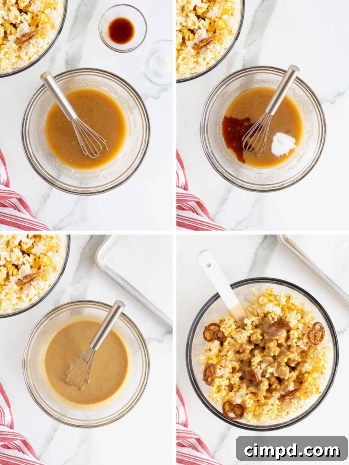 Steps to make caramel corn mix.