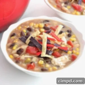 A bowl of creamy, hearty chicken tortilla soup, ready to be served and enjoyed.