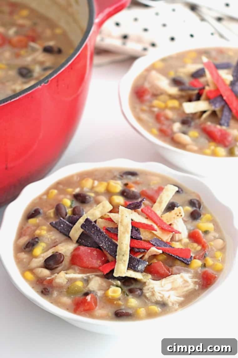 A beautifully presented bowl of homemade chicken tortilla soup, garnished with fresh cilantro and crunchy tortilla strips.