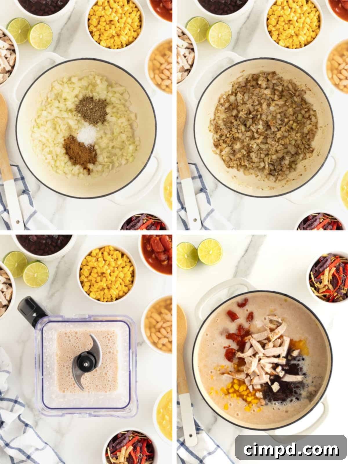 A visual step-by-step collage demonstrating the key stages of making homemade chicken tortilla soup, from ingredients to the simmering pot.