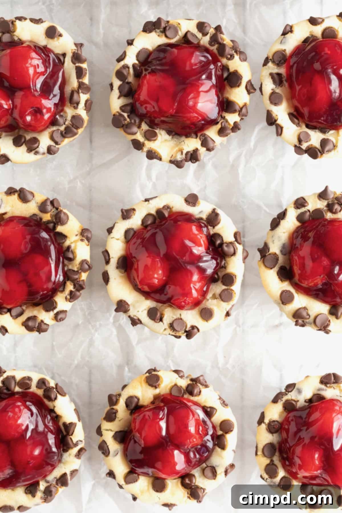 An overhead view of nine Cherry Chocolate Chip Cheesecake Brownie Bites, beautifully topped with cherry pie filling, arranged on a piece of parchment paper.