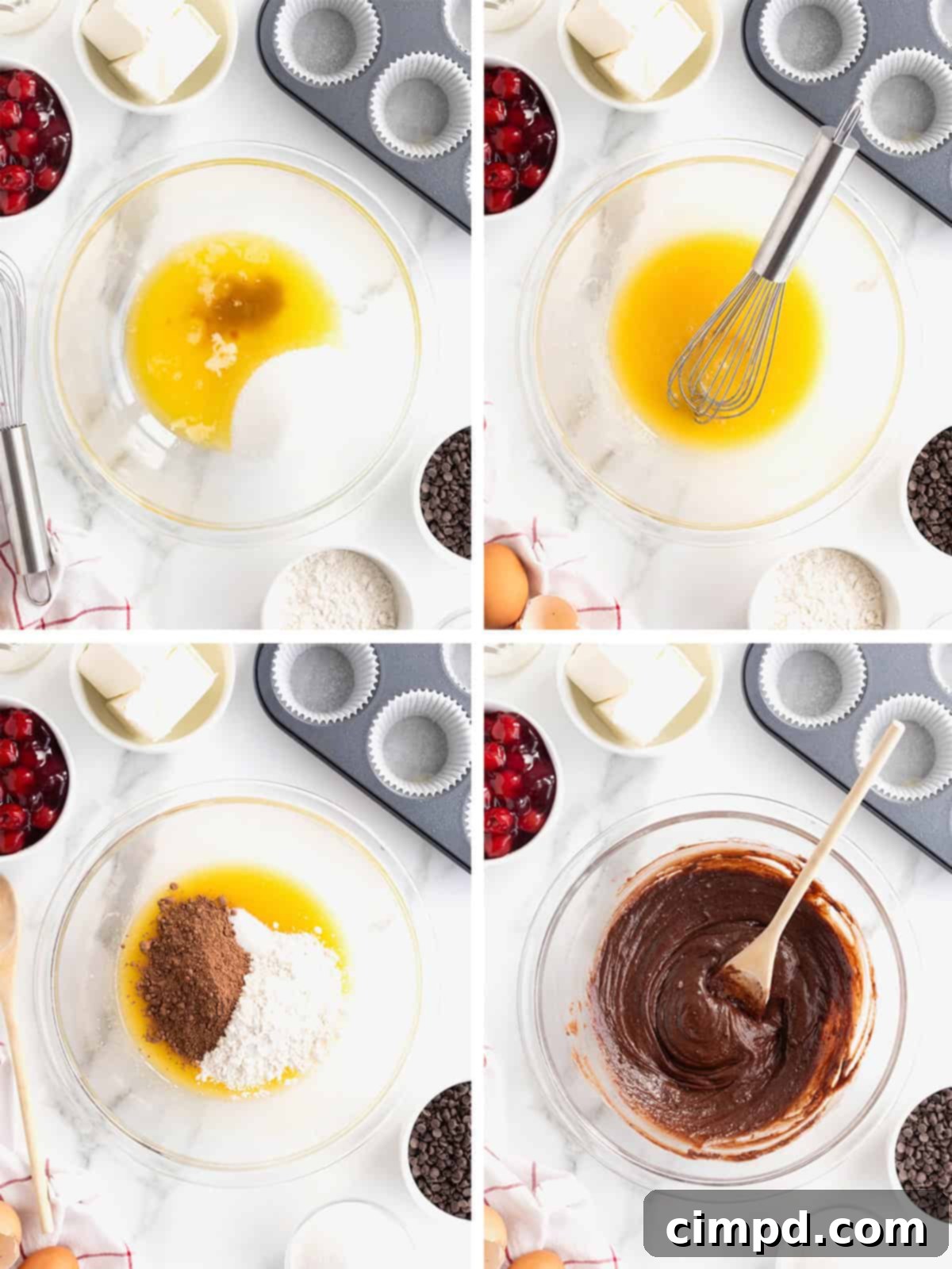 A step-by-step image showcasing the preparation of the brownie base for Cherry Chocolate Chip Cheesecake Brownie Bites.