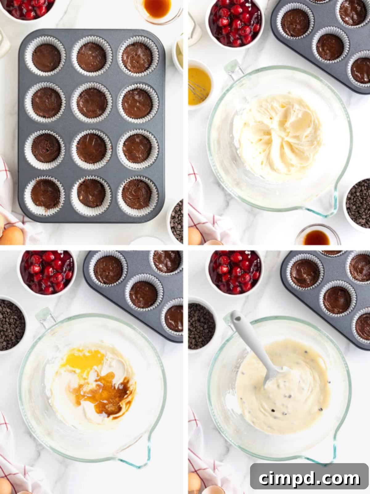 Another step-by-step image, showing the process of adding the cheesecake filling to the brownie crusts for Cherry Chocolate Chip Cheesecake Brownie Bites.