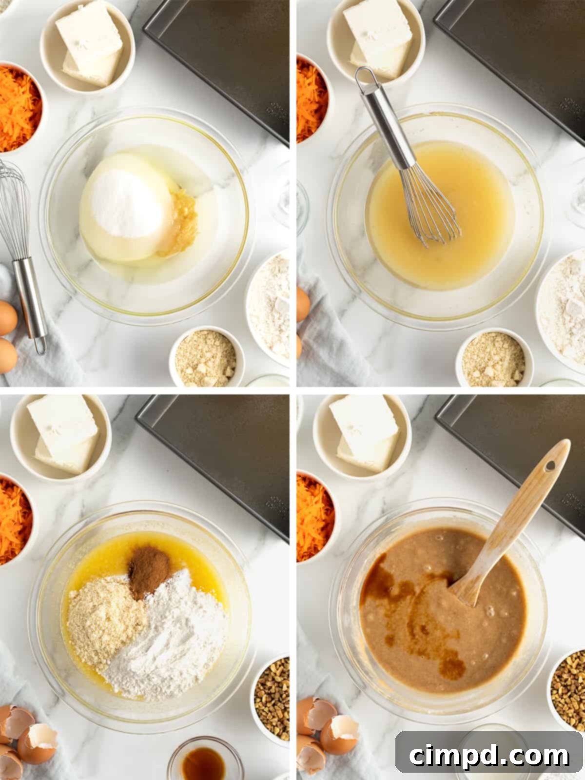 Perfectly Spiced Carrot Sheet Cake with Cream Cheese Frosting 8 Instructions for mixing the wet and dry ingredients for Carrot Sheet Cake, by The BakerMama