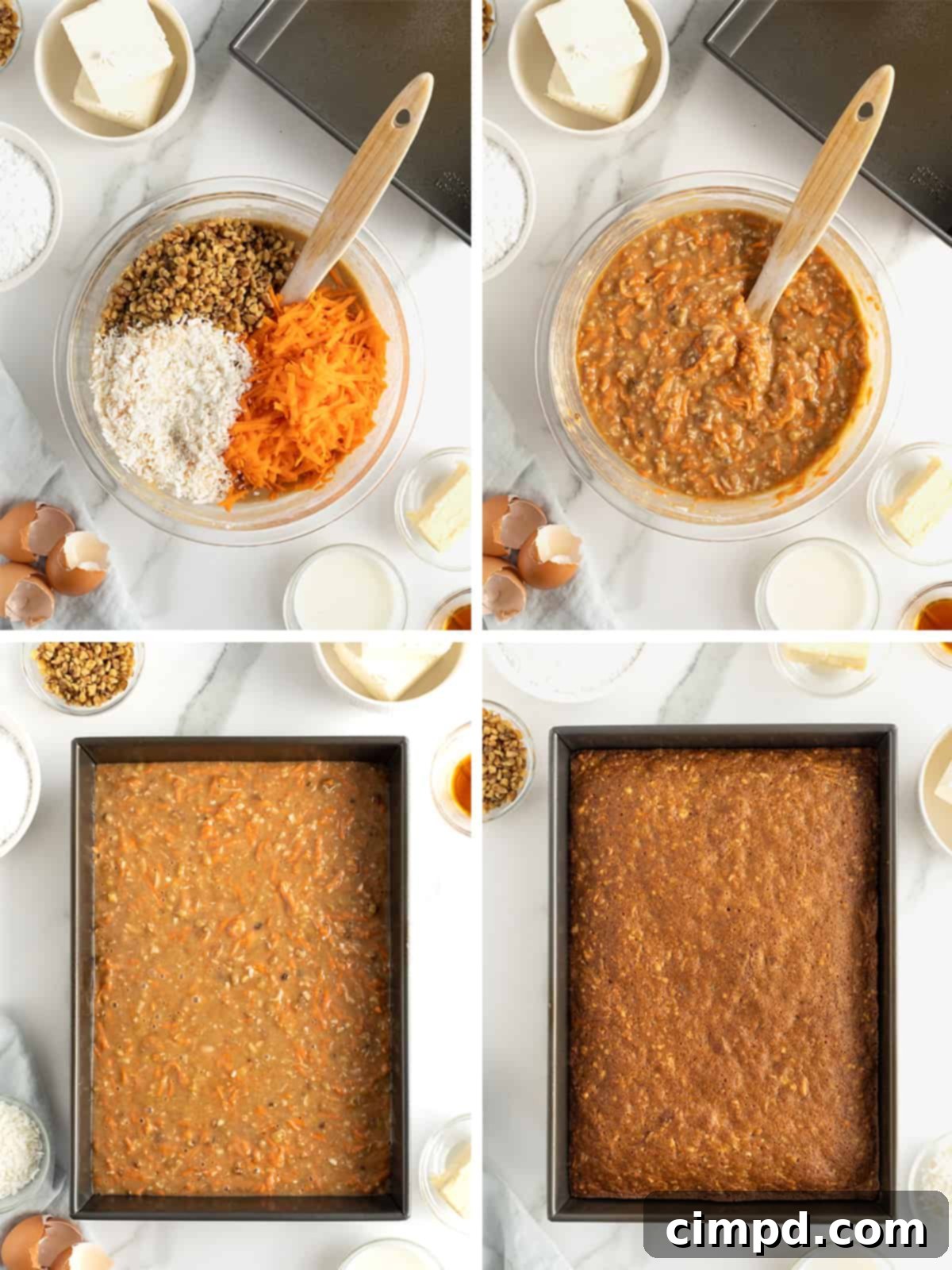 Perfectly Spiced Carrot Sheet Cake with Cream Cheese Frosting 9 Carrot Sheet Cake batter poured into a baking dish and ready for the oven, by The BakerMama