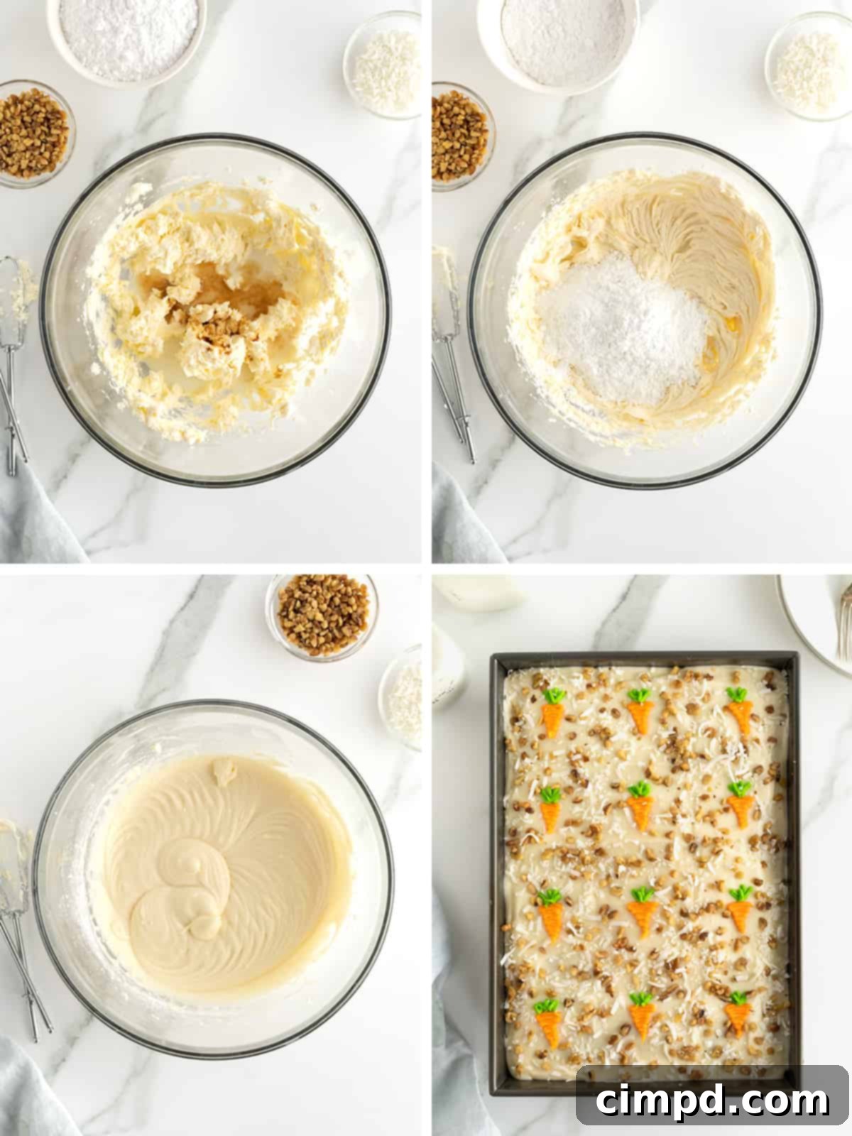 Perfectly Spiced Carrot Sheet Cake with Cream Cheese Frosting 10 Final step: Carrot Sheet Cake frosted and garnished with walnuts and coconut, with optional mini carrot decorations, by The BakerMama