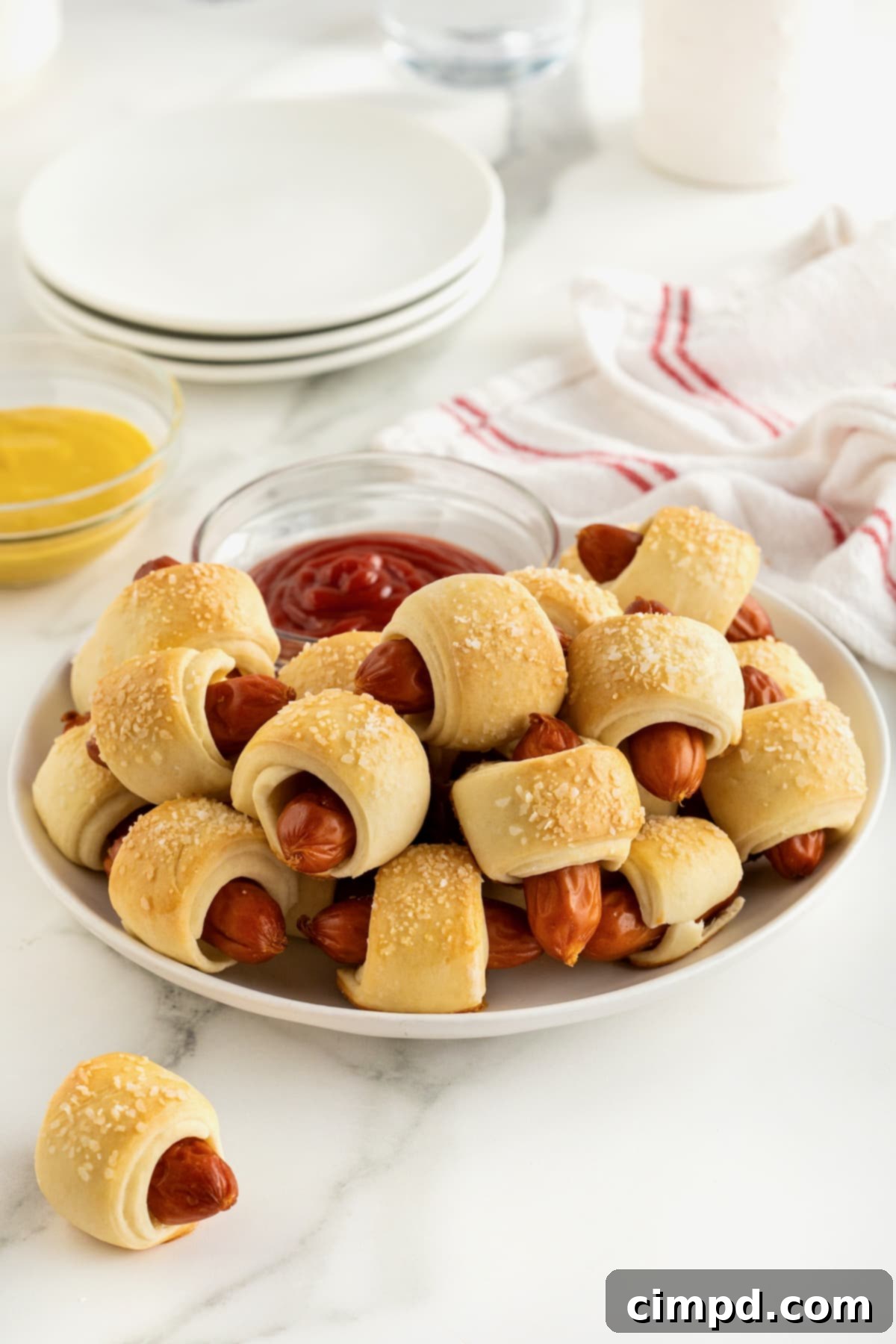 Sausage Swaddles 4 A vibrant close-up of a large white serving plate brimming with perfectly baked pigs in a blanket, surrounding a small glass dish of ketchup, ready for dipping.