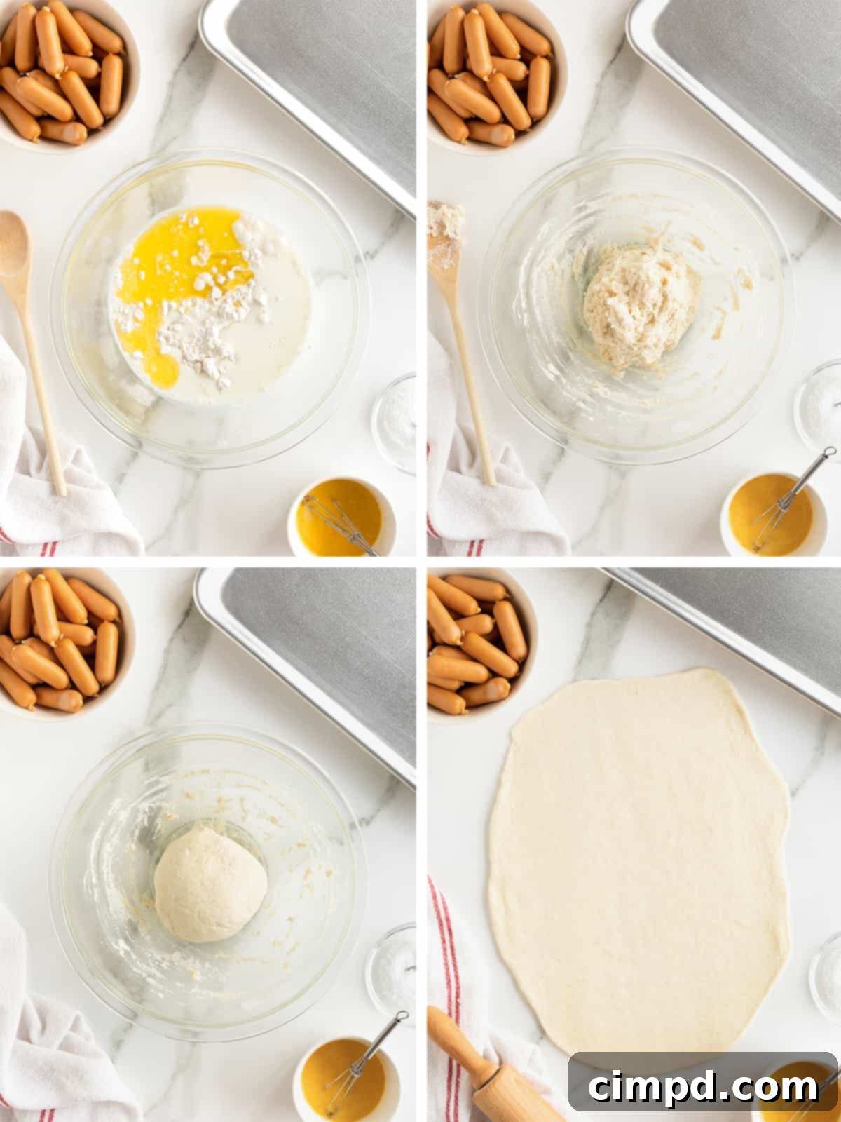 Sausage Swaddles 6 A visual guide showing the first four steps to making pigs in a blanket: preparing the dough, rolling it thin, cutting strips, and wrapping the sausages.