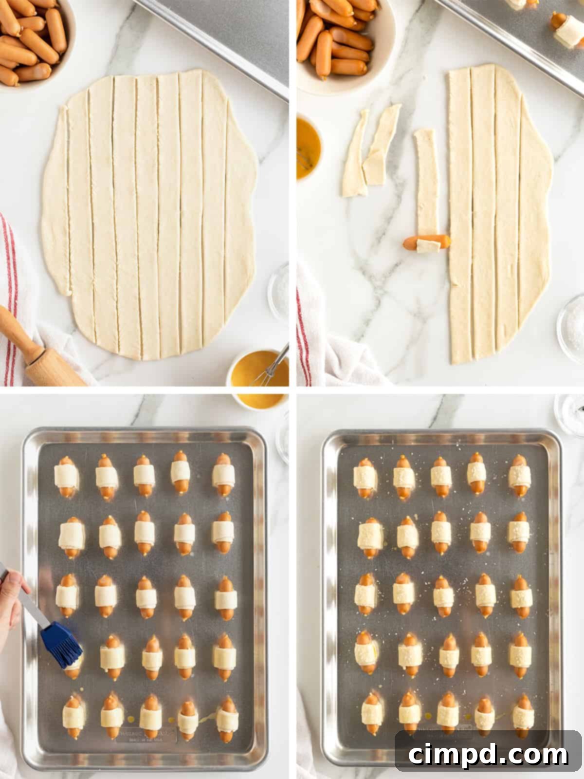 Sausage Swaddles 7 A clear, step-by-step visual guide to making pigs in a blanket, showing the process from rolling the dough to wrapping and baking.