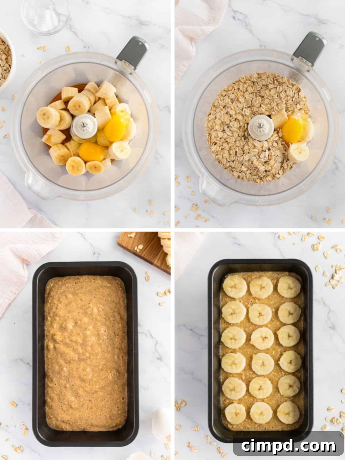 Step-by-step image showing flourless banana bread batter in a loaf pan, ready for baking.