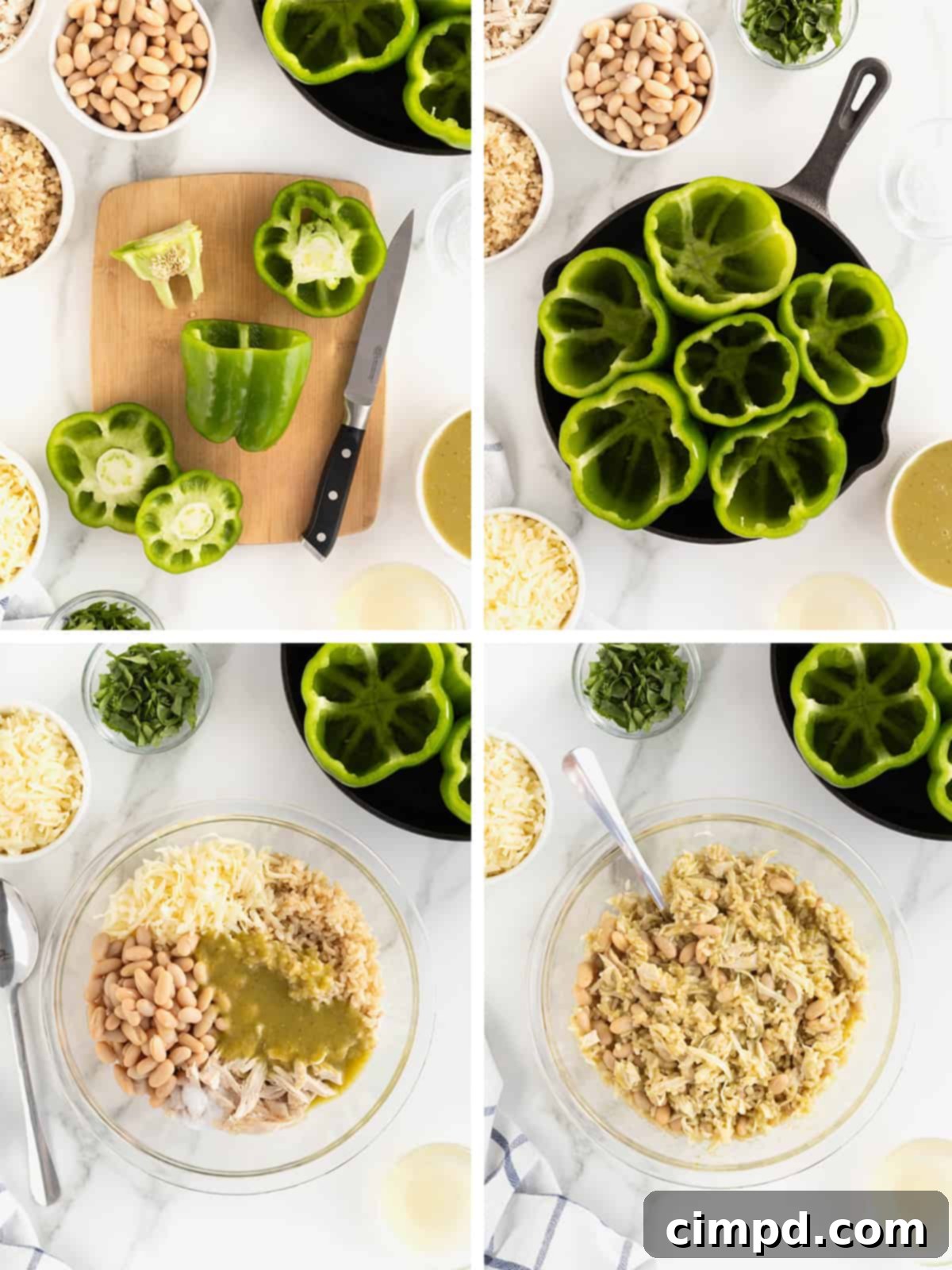 A sequential photo guide illustrating the initial steps to make white chicken chili stuffed green bell peppers. Images show prepped peppers, shredded chicken, and the chili filling being mixed in a bowl, providing clear visual instructions.