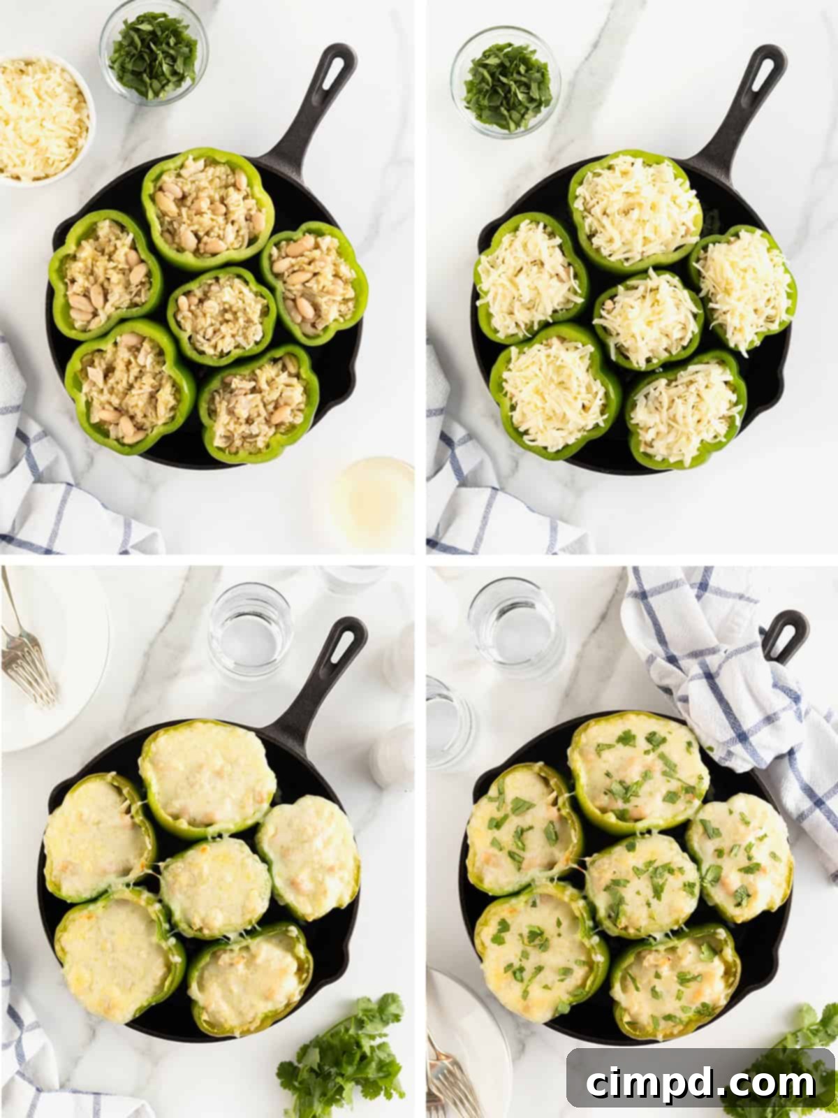A step-by-step photo guide showing the process of stuffing bell peppers. Images display peppers being filled with the chicken mixture, topped with cheese, and ready for baking, providing clear visual instructions for the cooking process.