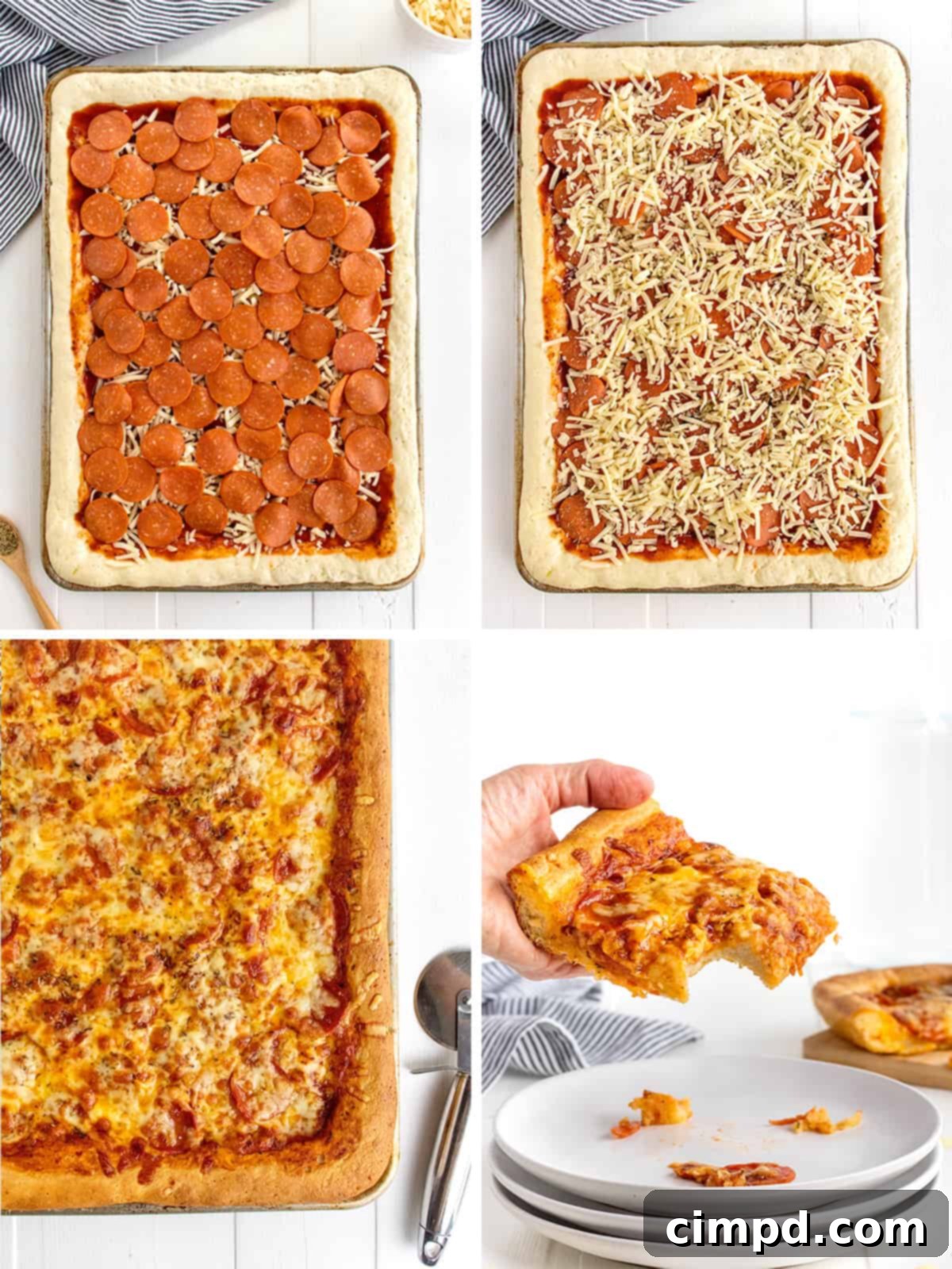Tray-Baked Pizza Perfection 6 A freshly baked Sheet Pan Pizza, sliced and ready to serve.