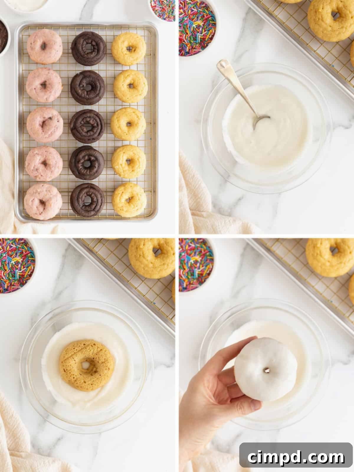 Effortless Cake Mix Baked Donuts 11 A step-by-step image guide demonstrating how to easily glaze homemade cake mix donuts with frosting and add colorful sprinkles.