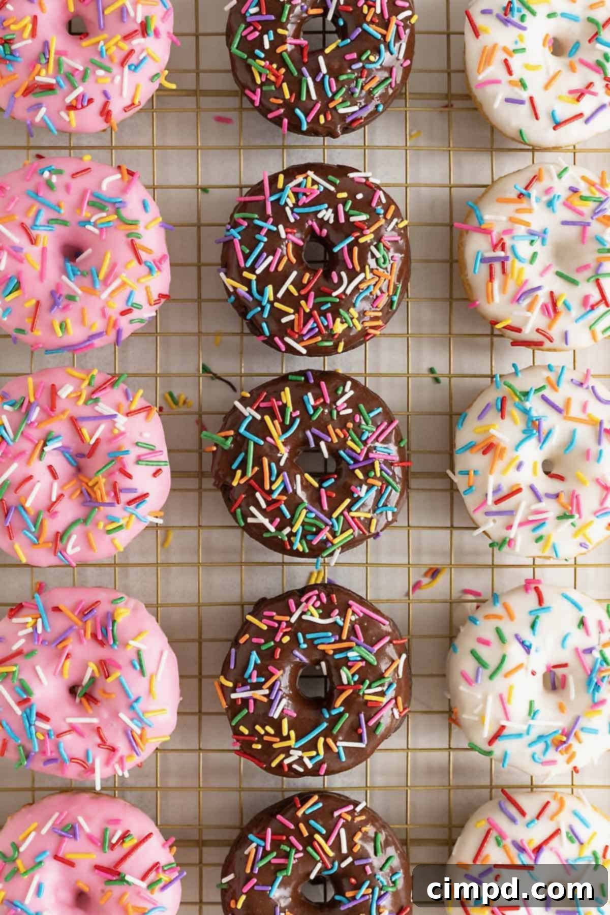 Effortless Cake Mix Baked Donuts 13 A vibrant display of strawberry, chocolate, and vanilla iced donuts, each adorned with sprinkles, resting on a wire cooling rack, showcasing their fresh appeal.