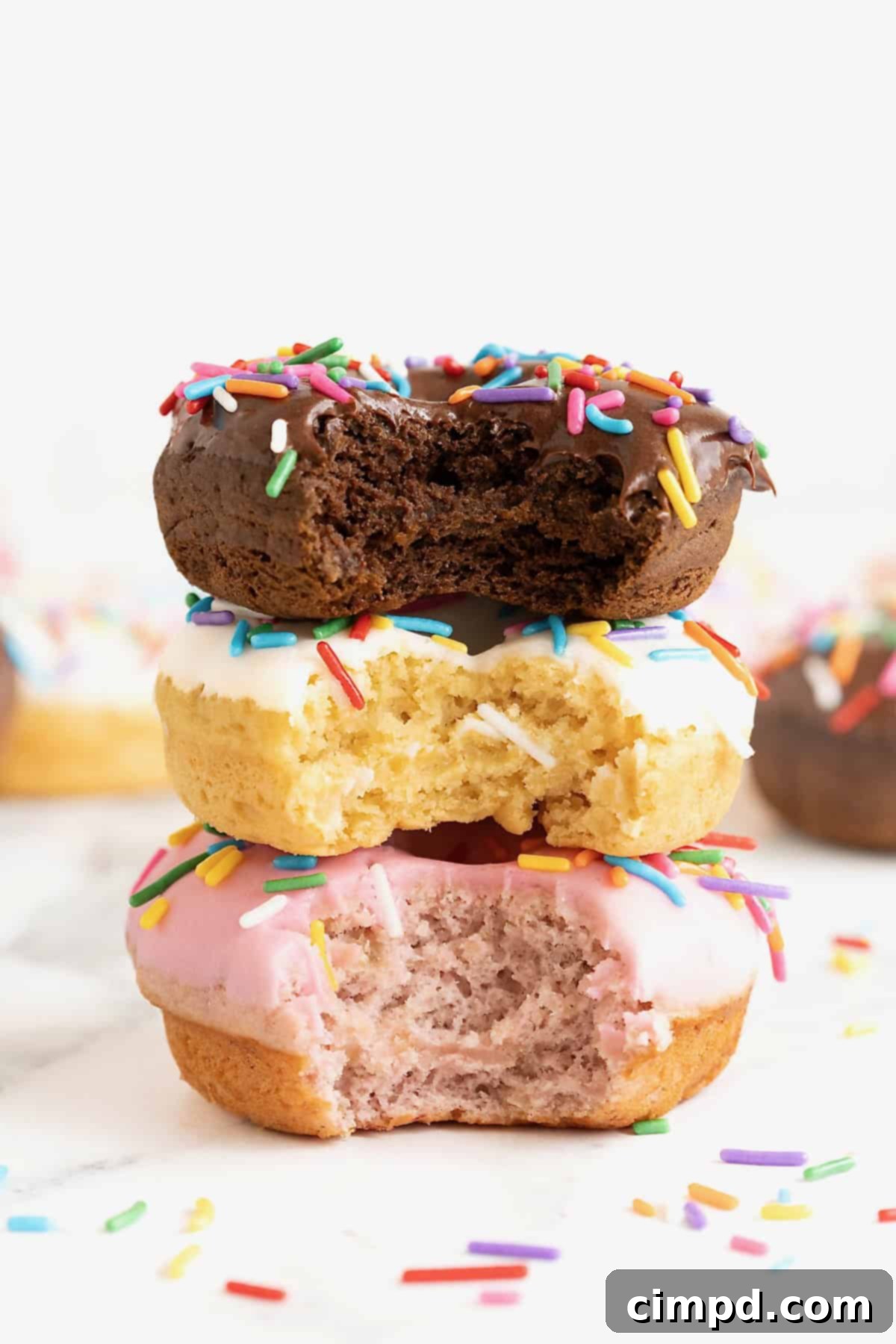 Effortless Cake Mix Baked Donuts 3 A delectable stack of three baked donuts, each with a bite taken out. The top is a chocolate donut with chocolate frosting, followed by a vanilla donut with white icing, and a strawberry donut with pink icing. All are generously adorned with colorful rainbow sprinkles, inviting you to taste their simple deliciousness.