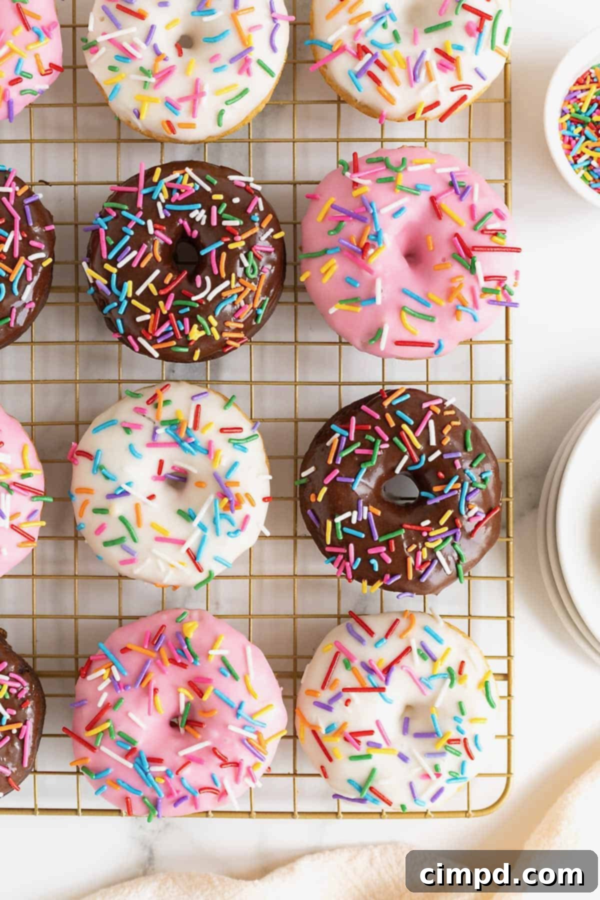 Effortless Cake Mix Baked Donuts 4 A cooling rack filled with freshly baked and iced donuts in strawberry, chocolate, and vanilla flavors, each topped with festive sprinkles, ready to be enjoyed.