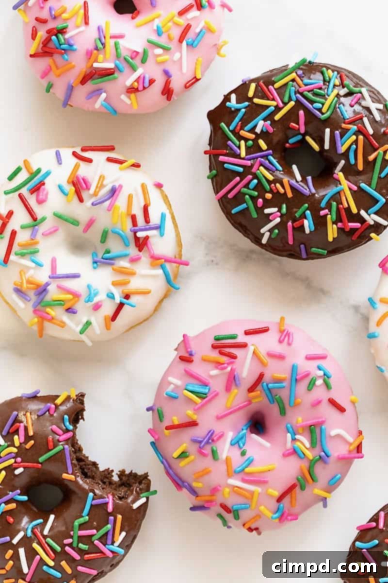 Effortless Cake Mix Baked Donuts 5 An array of freshly baked strawberry, chocolate, and vanilla iced donuts artfully arranged on a pristine white marble counter, waiting to be enjoyed.