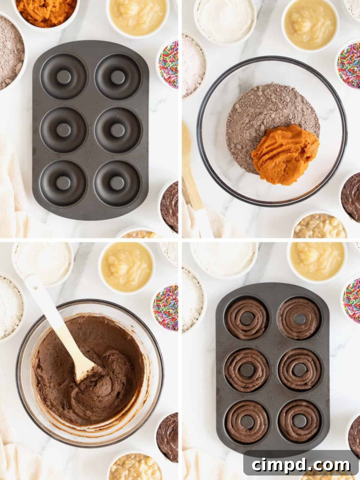 Effortless Cake Mix Baked Donuts 7 A visual guide showing the easy steps to make 2-ingredient Cake Mix Baked Cake Donuts, from mixing batter to filling the donut pan.