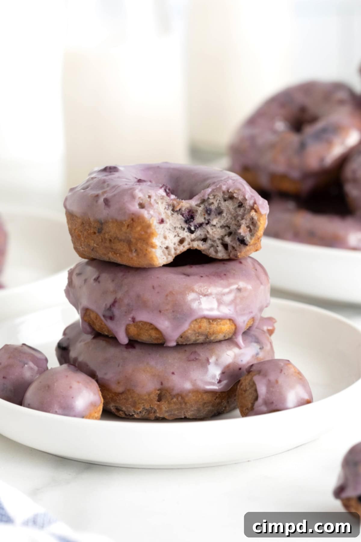 Three golden brown blueberry donuts stacked on a white rimmed plate. The top donut has a bite taken out of it, revealing a fluffy interior with blueberries. Three small donut holes are also on the plate.