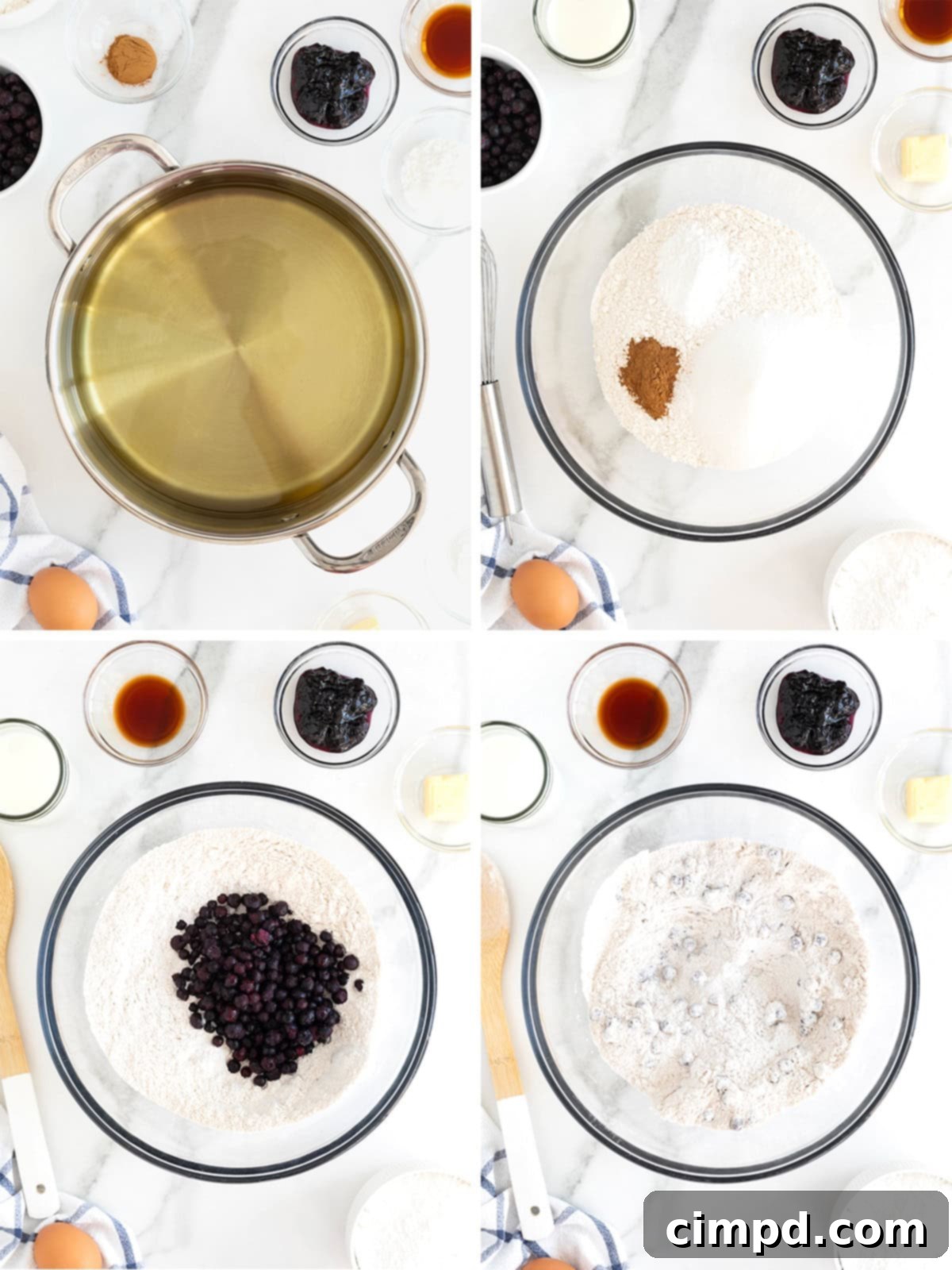 A series of images showing the initial steps of making blueberry donut batter. First, dry ingredients are whisked. Second, frozen blueberries are added and stirred into the flour mixture until coated.