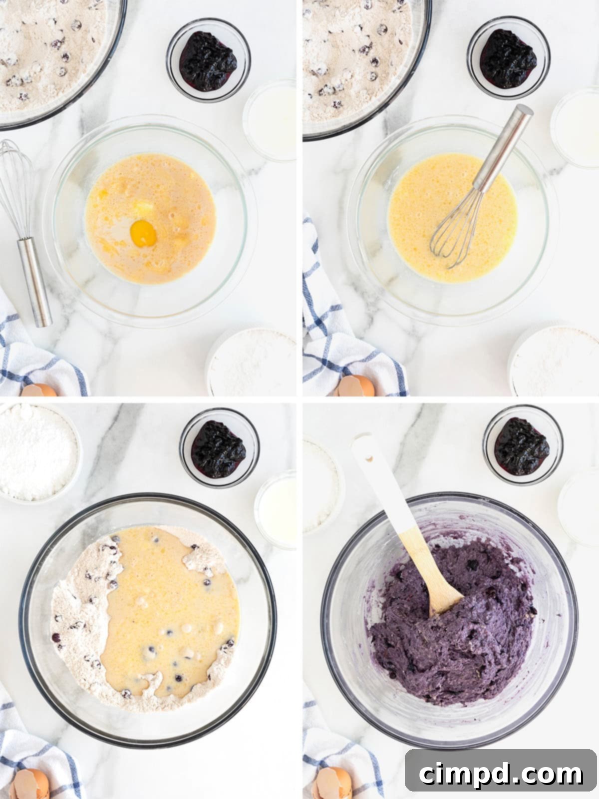 A series of images demonstrating further steps in making blueberry donut batter. First, wet ingredients are whisked in a separate bowl. Second, the wet ingredients are stirred into the flour and blueberry mixture, forming a sticky blue dough.