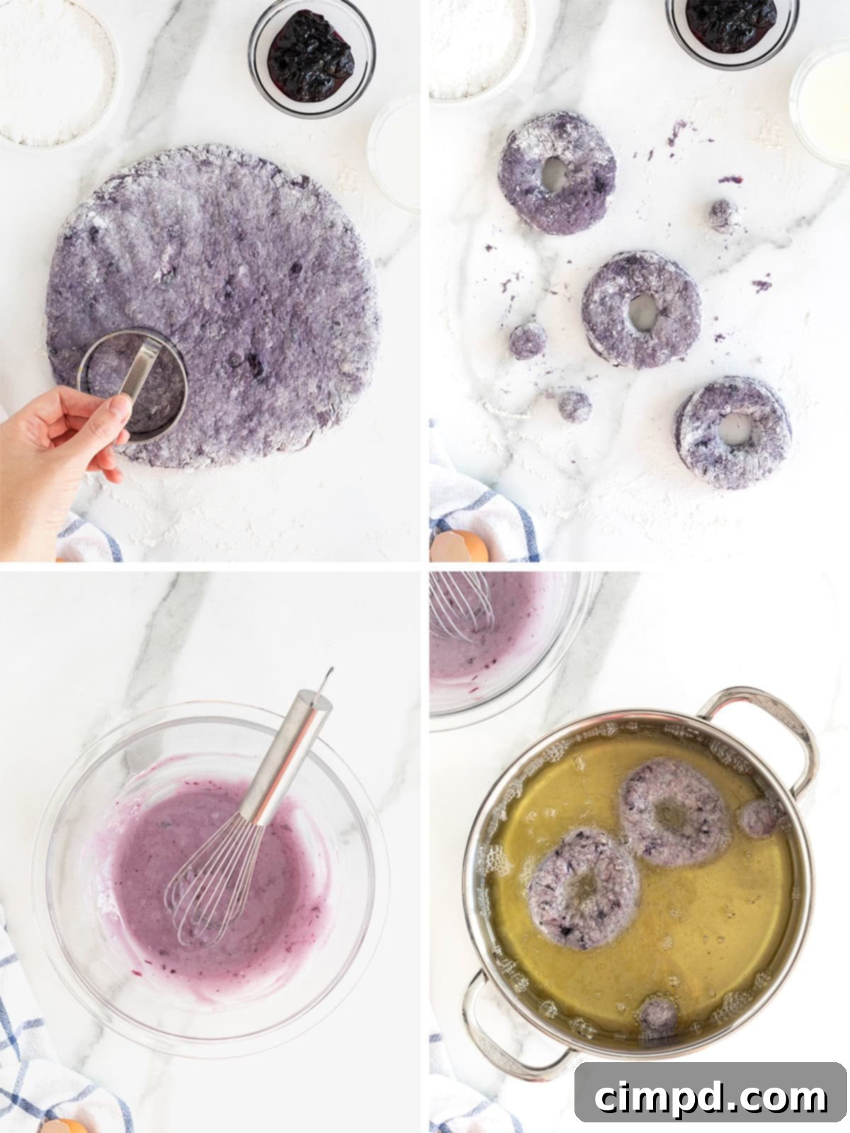 A series of images showing the process of frying and glazing blueberry donuts. First, donuts are frying in hot oil. Second, a batch of fried donuts is draining on a wire rack. Third, donuts are being dipped into the blueberry glaze.