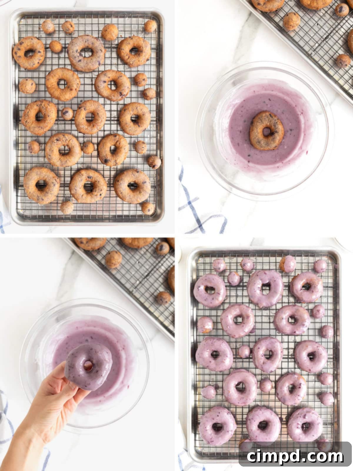 A series of images illustrating the final steps of preparing blueberry glazed donuts. First, freshly fried donuts are draining on a wire rack. Second, a donut is being dipped into a rich blueberry glaze. Third, glazed donuts are resting on a wire rack, allowing the glaze to set.