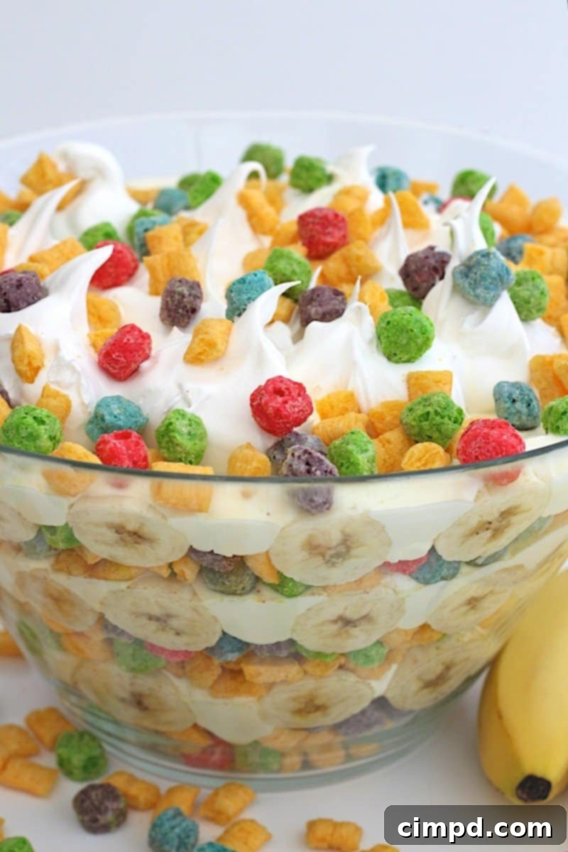 Colorful Berry Colossal Crunch Banana Pudding with cereal layers