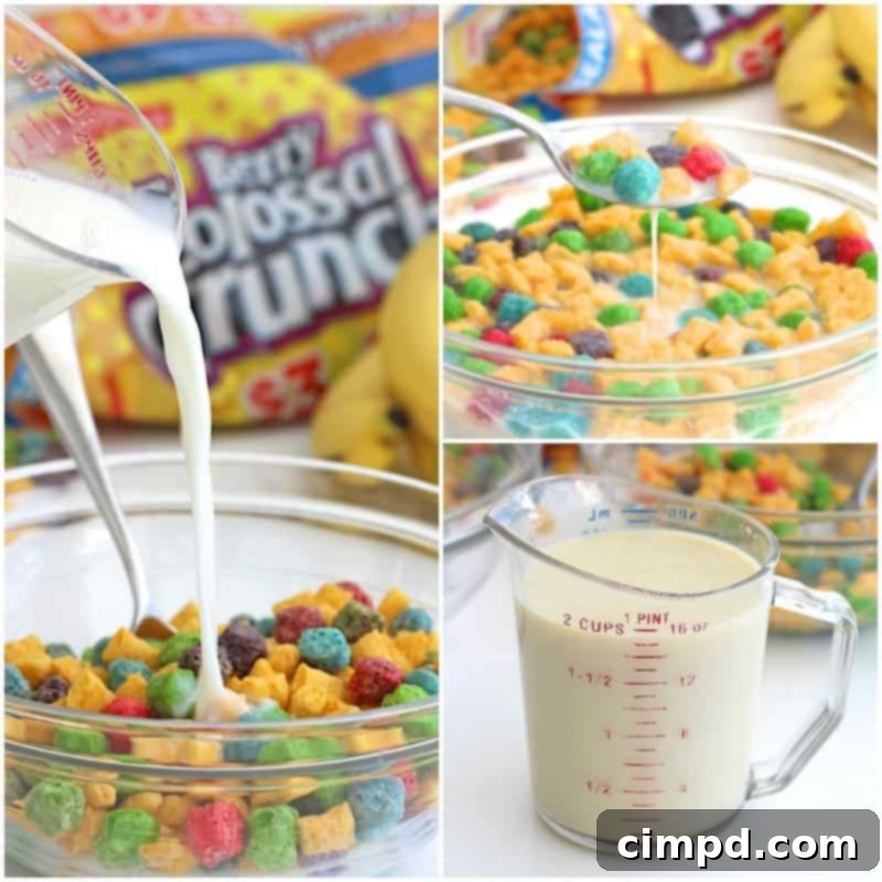 Cereal milk infusing for Berry Colossal Crunch Banana Pudding