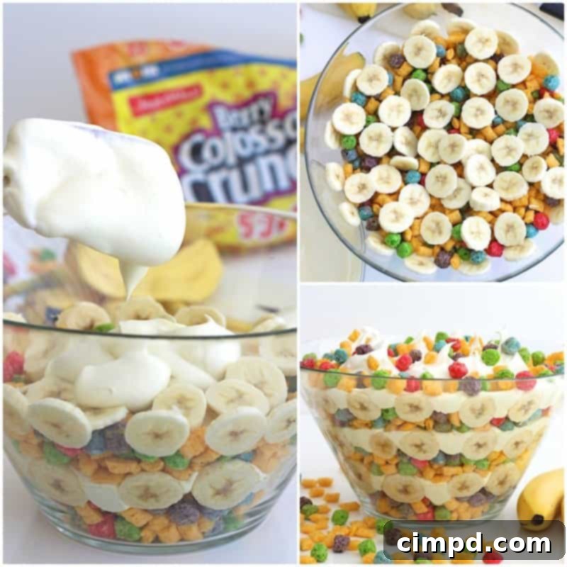 Layering process of Berry Colossal Crunch Banana Pudding